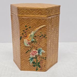 Vintage Chinese Bamboo Wood Hexagon Cylinder Tea Caddy Trinket Box Shell Parrot